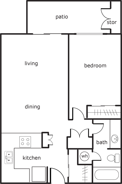 Floor plan for 1 bed, 1 bath, 616 sqft